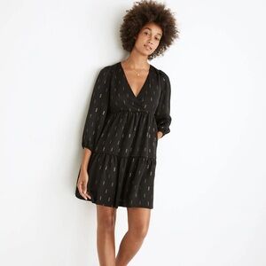 Madewell Metallic Jacquard Faux Wrap Tiered Mini Dress Lined, Long Sleeve XSP
